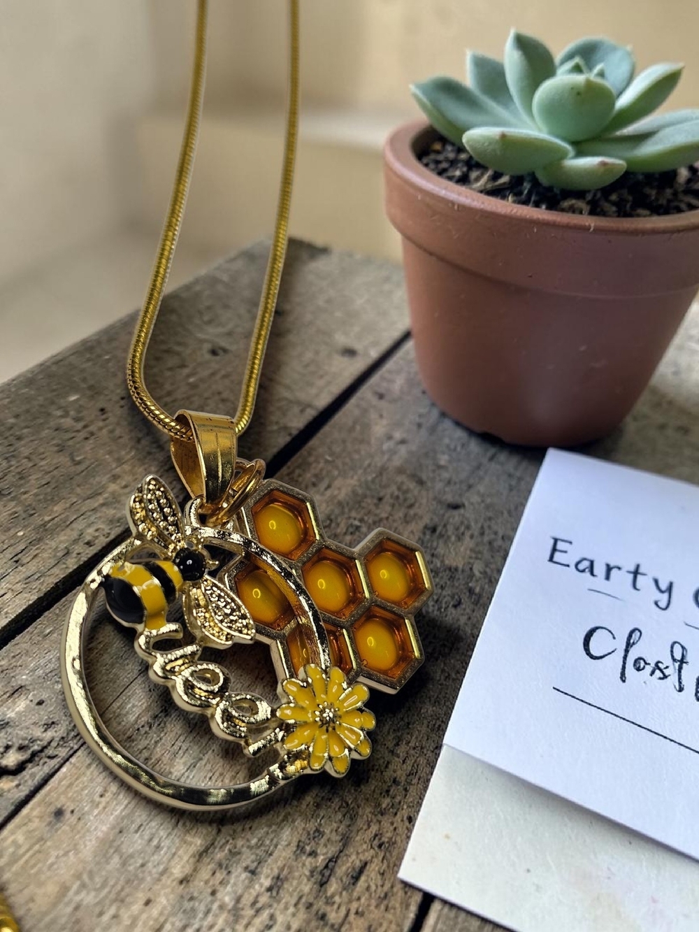 Gold Bee and Honeycomb Pendant Necklace - Yellow Accents
